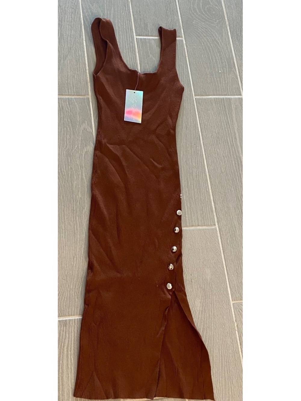 Orange Brown Ribbed Knit Midi Dress with Side Buttons - Size a